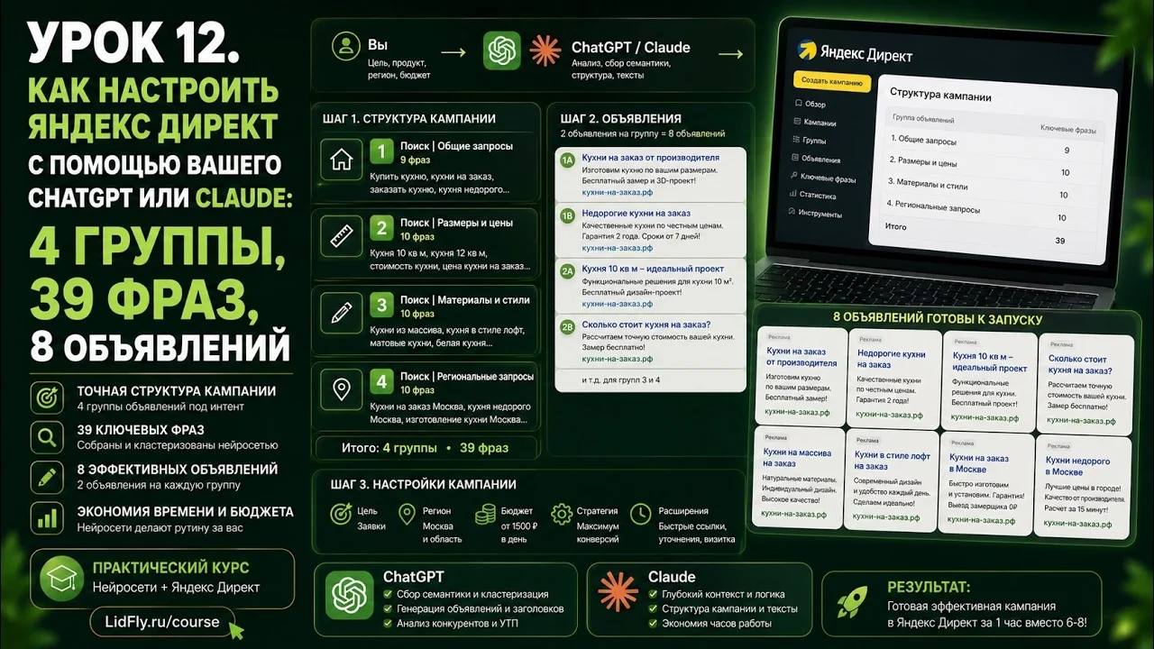 Результат сборки кампании через LidFly: четыре группы, 39 ключевых фраз и восемь объявлений