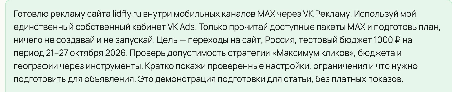 Реальный запрос в чате LidFly: подготовка рекламы сайта внутри MAX без запуска